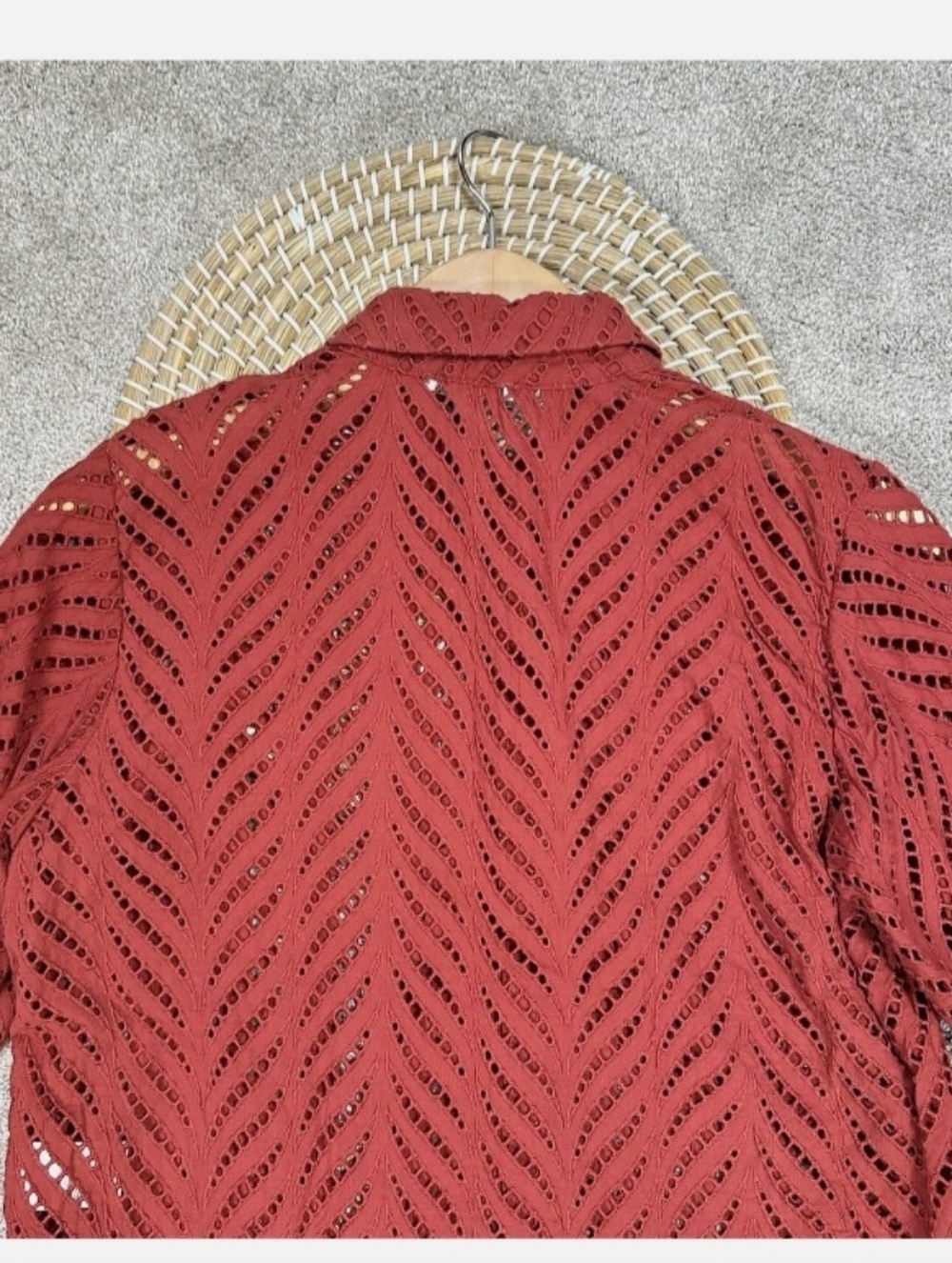 CHICO Eyelet Lace Button-Up Shirt Jacket in Terracotta Red